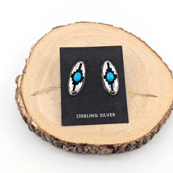 Navajo Shadow Box Turquoise Stud Earrings Sterling Silver Native Am Jewelry*** - Picture 3 of 10